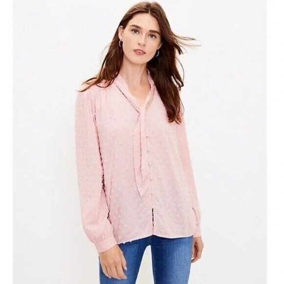 LOFT Blouse Button Down Pink Collar Tie Swiss Dot Size L - Picture 1 of 8